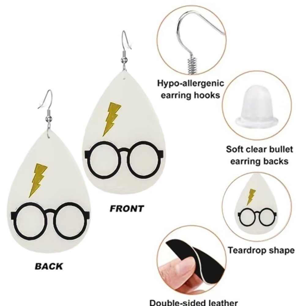Harry Potter Leather Dangle Earrings, White, Black, Lime Green - Picture 6 of 14
